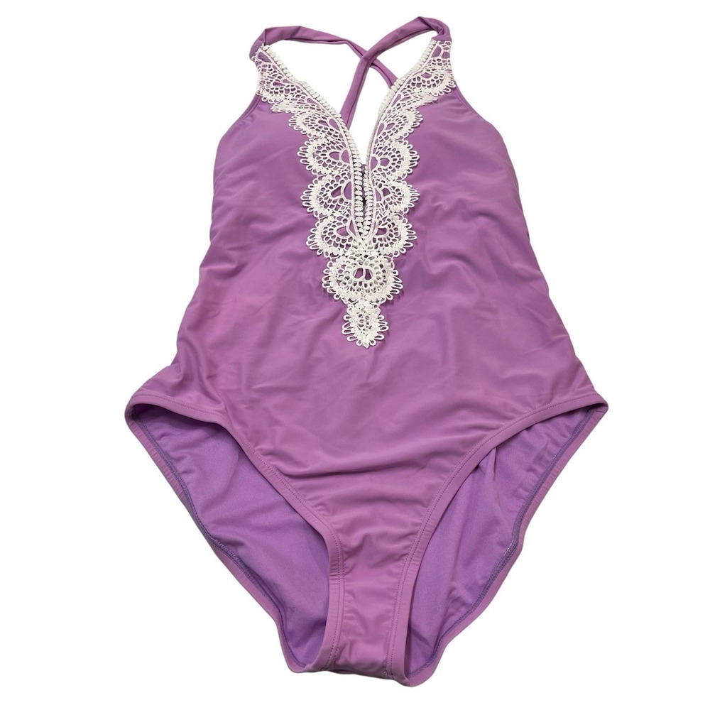 BCA Rebecca Virtue Swimsuit Purple Destination One Piece XL Crochet Trim Plunge